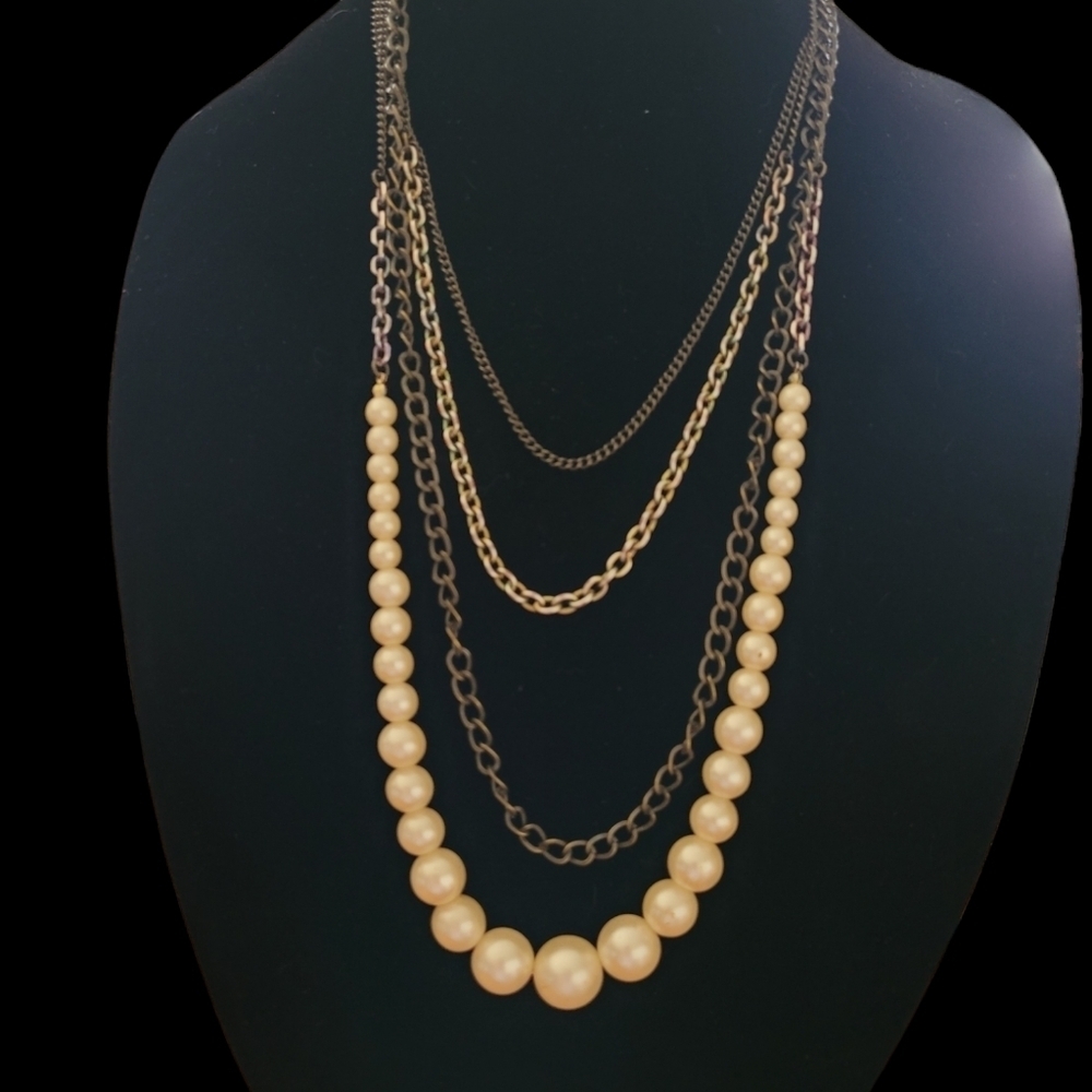 Multi Strand‎ Faux Pearl and Mixed Metal Chain Tiered Statement Necklace Cream
